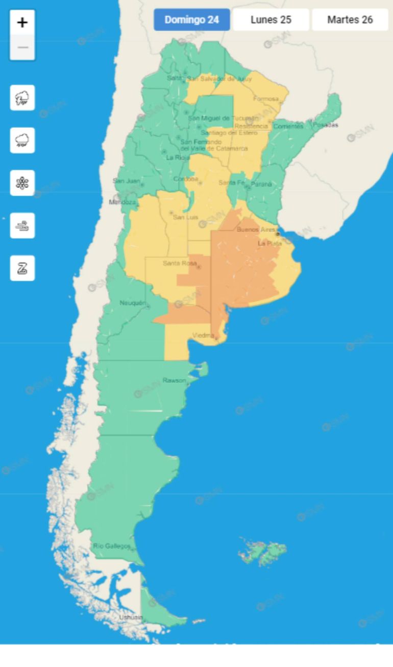 Según pronosticó el Servicio Meteorológico Nacional (SMN), Buenos Aires, Santa Fe, La Pampa, Formosa, Chaco y Salta, son algunas de las provincias que pasarán Navidad bajo el agua. Foto: SMN.