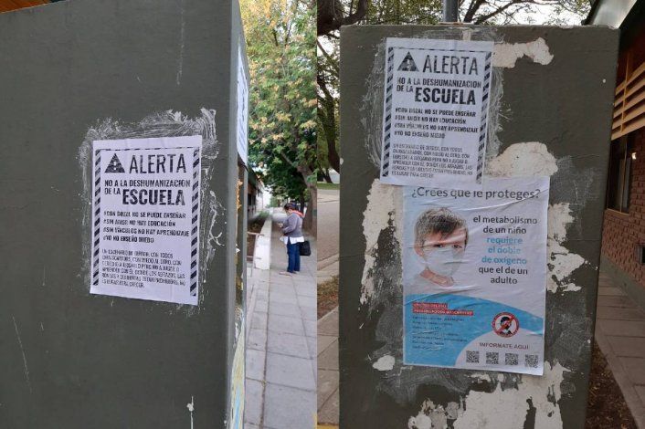 Hicieron pegatinas contra el uso de barbijos en una escuela de Cipolletti