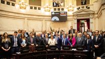 Los senadores de LLA tras aprobar dos leyes importantes para Milei. Los senadores de LLA tras aprobar dos leyes importantes para Milei.