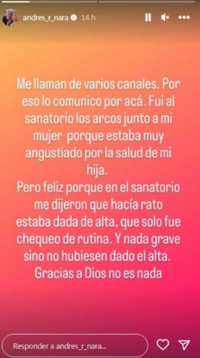 El posteo de Andrés Nara explicando por qué habla con los medios del estado de salud de Wanda. El posteo de Andrés Nara explicando por qué habla con los medios del estado de salud de Wanda.