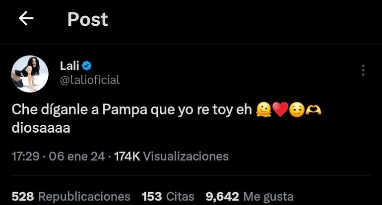La respuesta de Lali Espósito, con una propuesta a Pampita. La respuesta de Lali Espósito, con una propuesta a Pampita.
