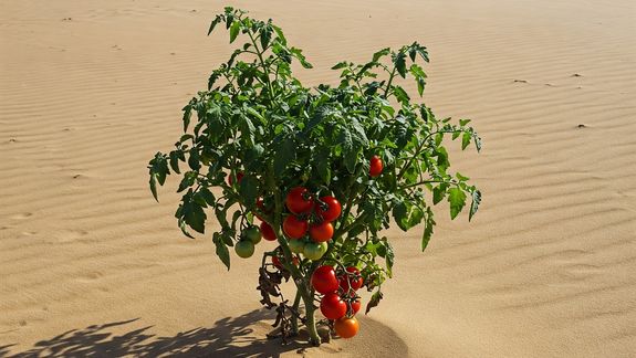 ¿Cómo es posible producir este mismo tomate en grandes escalas y en medio del desierto? La respuesta está en la tecnología china. (Foto creda por IA).