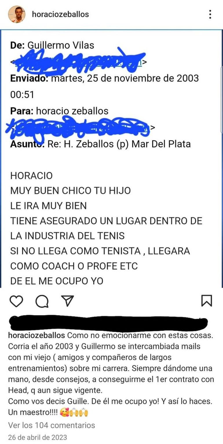 El mail de Vilas al padre de Horacio Zeballos. El mail de Vilas al padre de Horacio Zeballos.