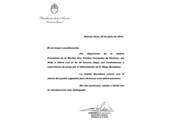 Cristina envió sus condolencias por la muerte de Don Diego