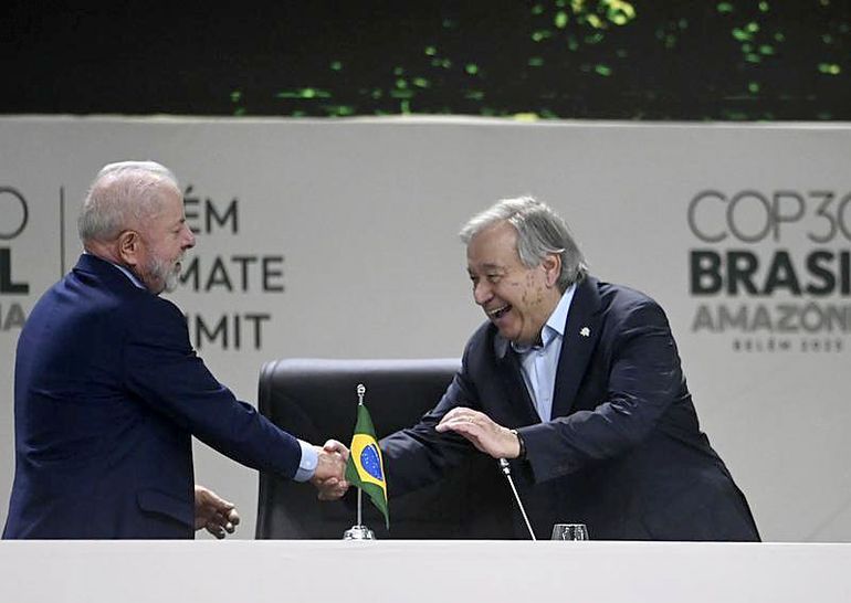 El presidente de Brasil, Lula Da Silva y el secretario general de la ONU, Antonio Guterres, en Belem. El presidente de Brasil, Lula Da Silva y el secretario general de la ONU, Antonio Guterres, en Belem.