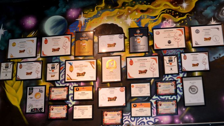 Una pared de reconocimientos a la cerveza patagónica. Una pared de reconocimientos a la cerveza patagónica.