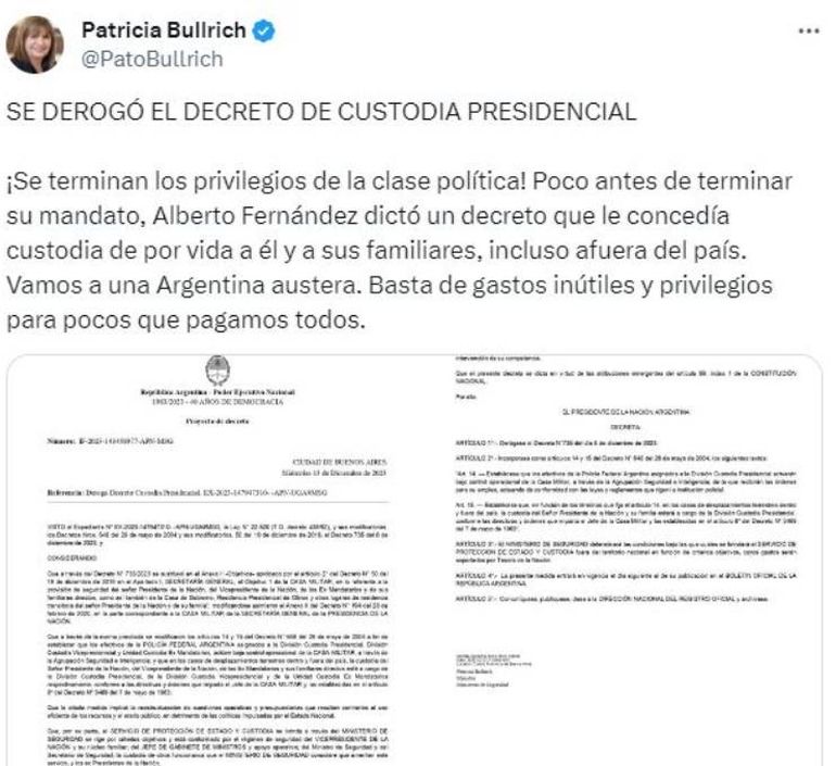 La publicación de Patricia Bullrich que luego borró. La publicación de Patricia Bullrich que luego borró.
