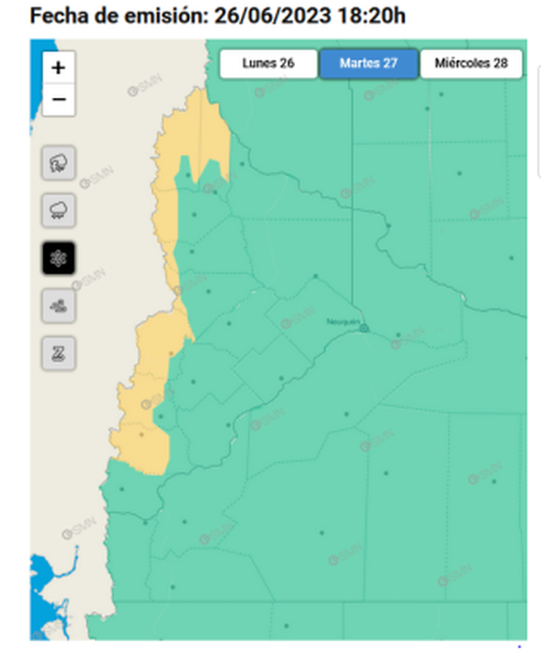 Mapa de la zona en la que rige alerta amarilla por intensas nevadas durante este martes. Mapa de la zona en la que rige alerta amarilla por intensas nevadas durante este martes.