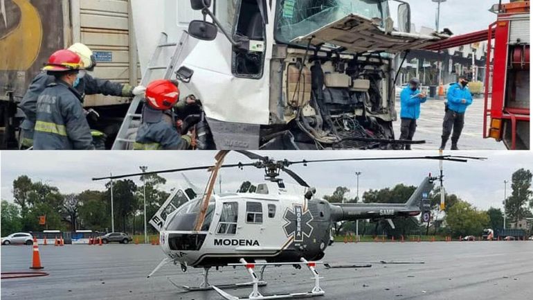 Insólito: un camión chocó contra un helicóptero en plena autopista