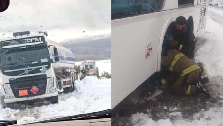 Sigue la nieve: un auto, un colectivo y un camión quedaron varados y tuvieron que ser rescatados