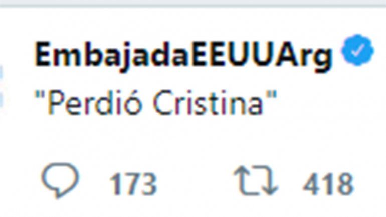 Perdió Cristina, el extraño tweet de la Embajada de Estados Unidos