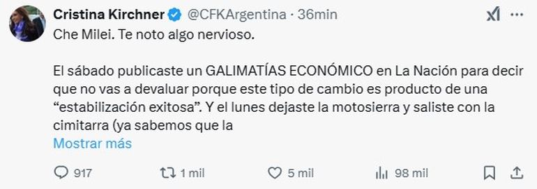 Cristina Kirchner volvió a aparecer en redes para cruzar a Javier Milei. Cristina Kirchner volvió a aparecer en redes para cruzar a Javier Milei.