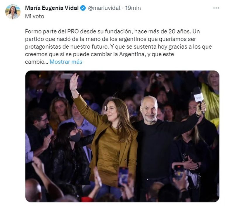 El tweet de María Eugenia Vidal para bancar a Horacio Rodríguez Larreta. El tweet de María Eugenia Vidal para bancar a Horacio Rodríguez Larreta.