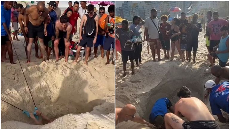 Los trabajos para sacar del poco en la arena al turista británico demoraron unas tres horas: usaron cuerdas, trozos de madera y palas. Los trabajos para sacar del poco en la arena al turista británico demoraron unas tres horas: usaron cuerdas, trozos de madera y palas.