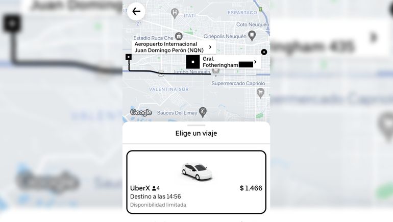 Así se ve la app Uber con los servicios en la ciudad de Neuquén. Así se ve la app Uber con los servicios en la ciudad de Neuquén.
