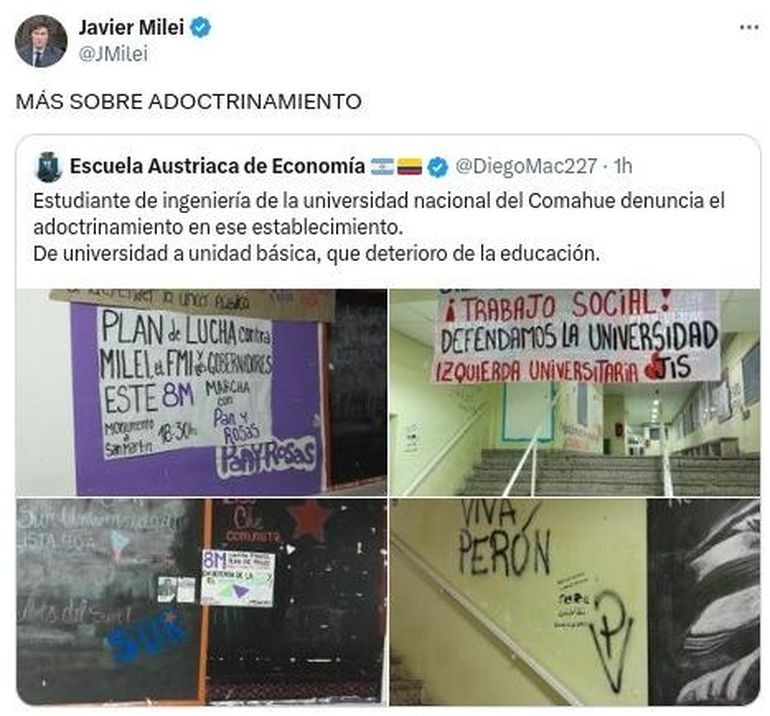 El usuario reposteado por Javier Milei se define como: licenciado en Economía, colaborador en la academia libertaria, escritor del @misesreport y organizador de club de lectura.
