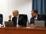 Los jueces Luciano Hermosilla, Juan Manuel Kees y Juan Guaita, del Tribunal que juzga la causa de estafa con planes sociales.