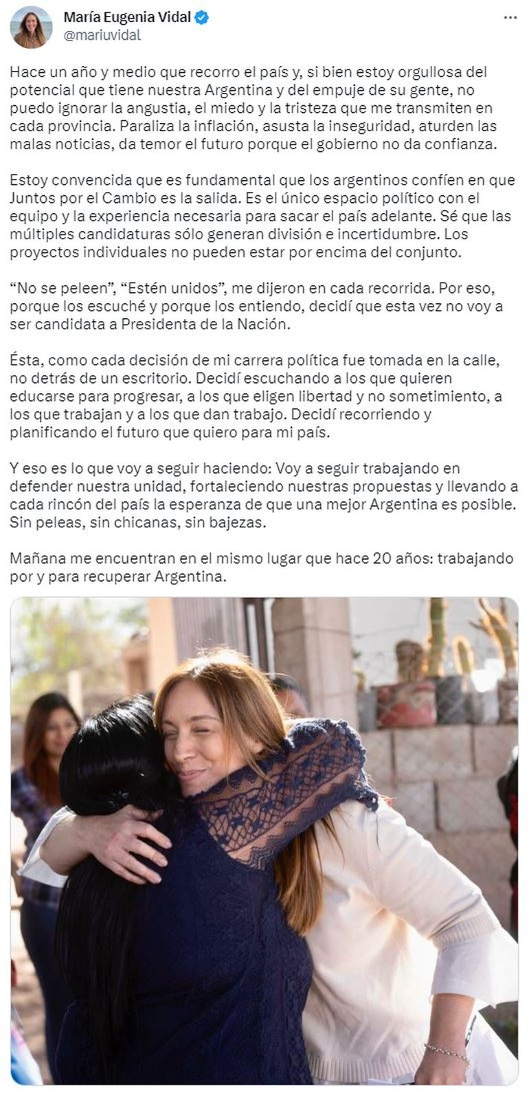 El posteo en redes sociales con el que Vidal bajó su precandidatura a presidente por Juntos por el Cambio para las elecciones 2023.