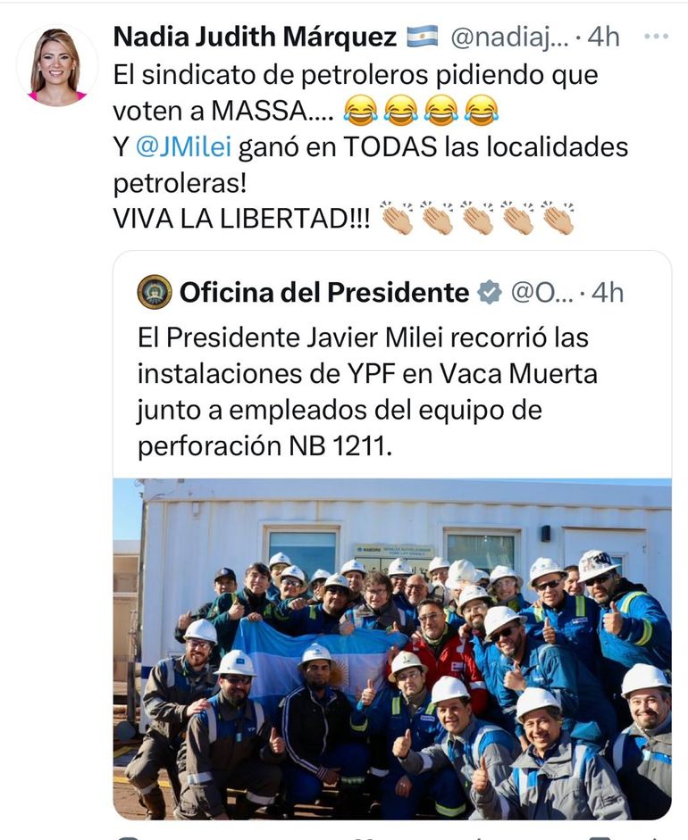 El tuit de Nadia Márquez sobre la visita e Javier Milei en Neuquén. El tuit de Nadia Márquez sobre la visita e Javier Milei en Neuquén.
