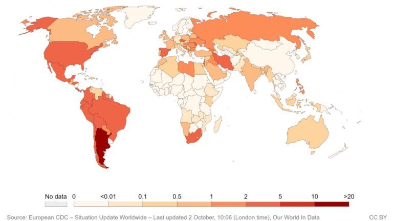 COVID: Argentina ocupa el primer puesto de más muertes diarias por millón de habitantes