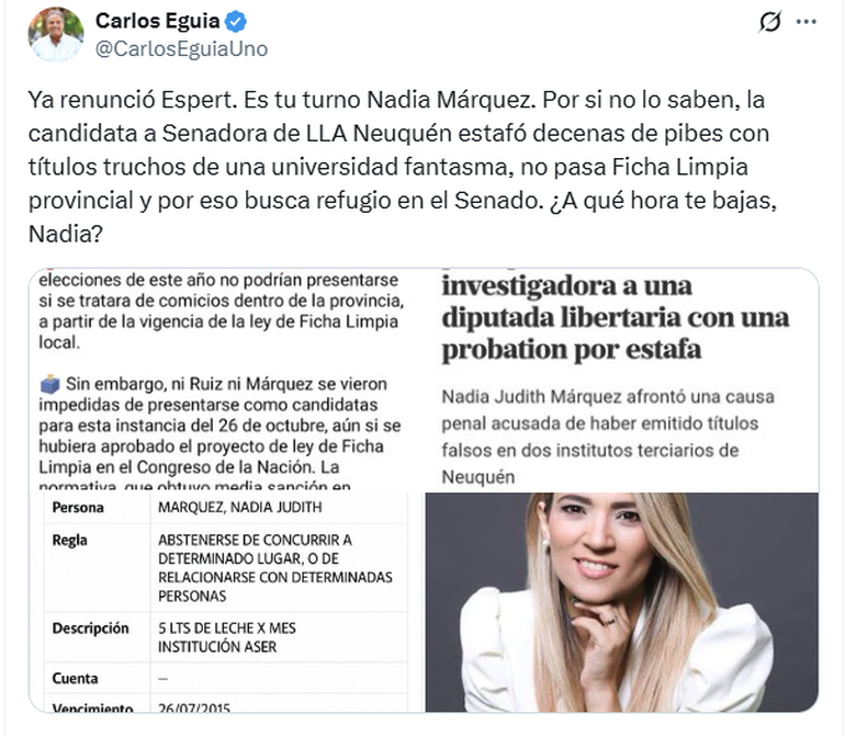 El tuit de Carlos Eguía contra Nadia Márquez. El tuit de Carlos Eguía contra Nadia Márquez.