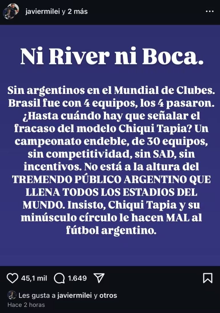 La crítica de Javier Milei contra el Chiqui Tapia La crítica de Javier Milei contra el Chiqui Tapia