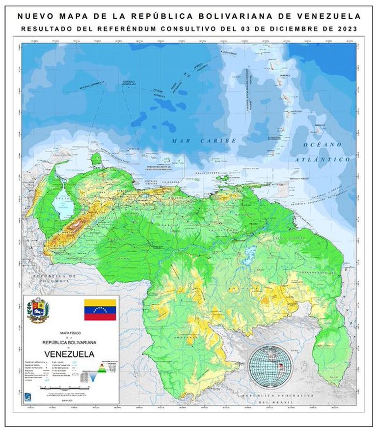 El nuevo mapa de Venezuela con la inclusión de la región de Esequiba. El nuevo mapa de Venezuela con la inclusión de la región de Esequiba.