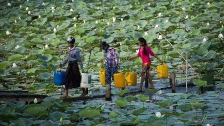 Mujeres laosianas transportando agua para beber.