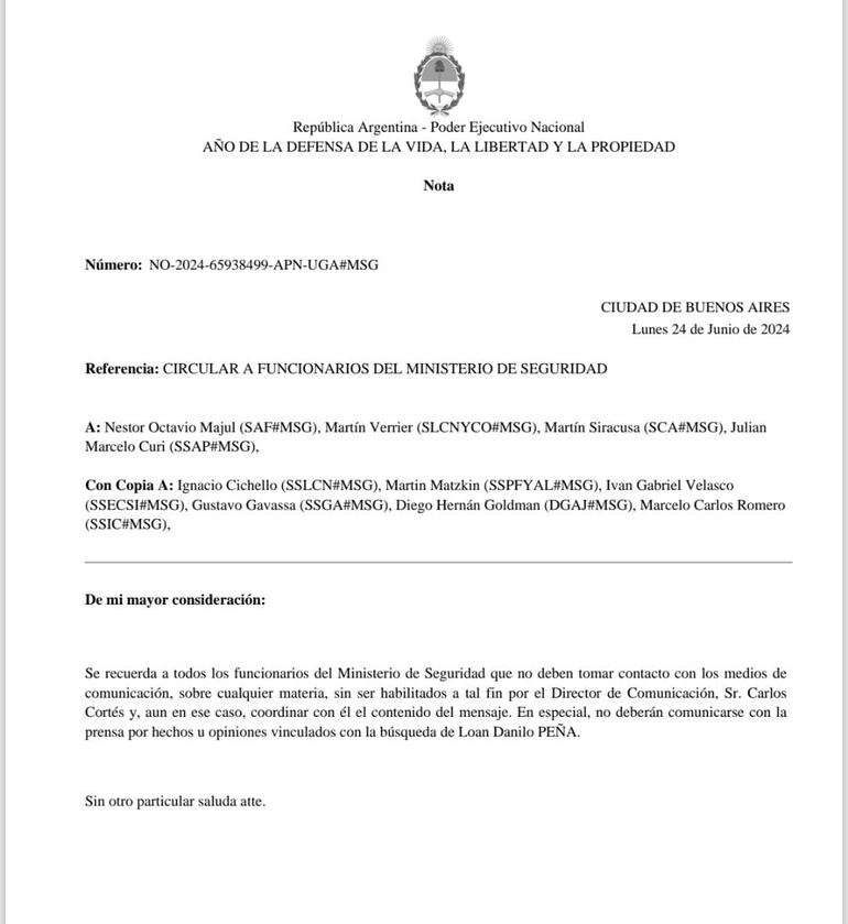 El pedido de la ministra Patricia Bullrich para no hablar con la prensa. El pedido de la ministra Patricia Bullrich para no hablar con la prensa.