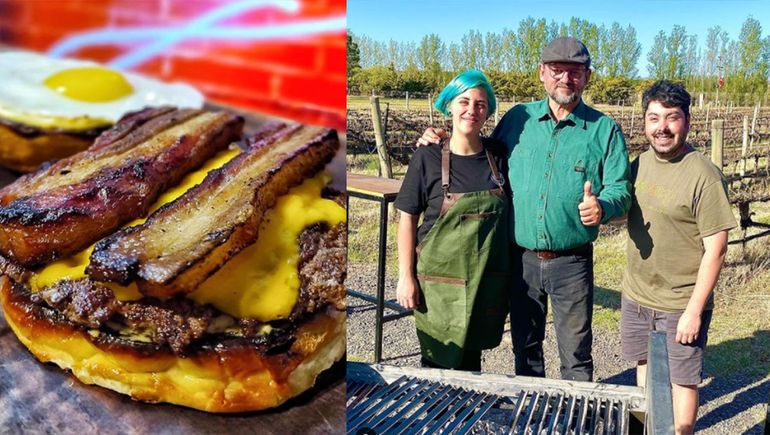 Christophe junto a la pareja neuquina que hace hamburguesas de lujo en Plottier.