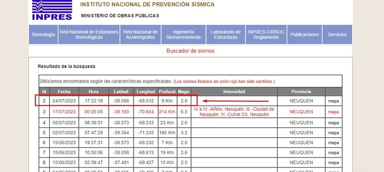 El sismo en Vaca Muerta informado por el INPRES ocurrió el 24 de julio pero recién se conoció en el reporte del lunes 7 de agosto.