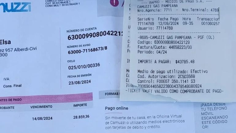 Una de las boletas de Camuzzi Gas La Pampa que pagó Elsa, por más de 43 mil pesos. Una de las boletas de Camuzzi Gas La Pampa que pagó Elsa, por más de 43 mil pesos.