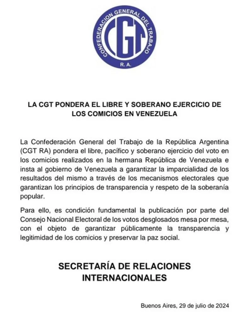 El comunicado de la CGT por Venezuela El comunicado de la CGT por Venezuela