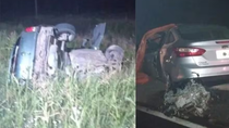 Uno de los vehículos quedó irreconocible tras el brutal accidente. Uno de los vehículos quedó irreconocible tras el brutal accidente.
