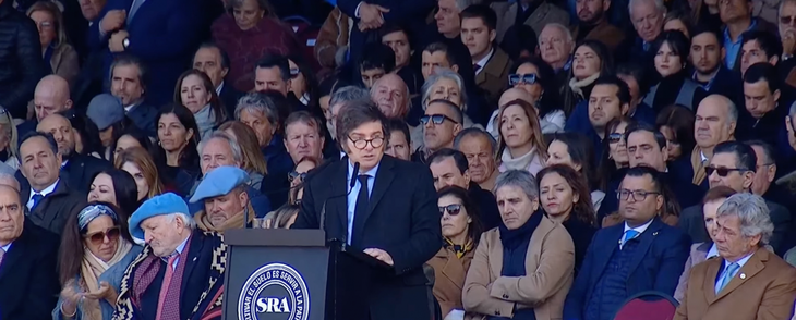 El discurso de Milei consiguió conectar empatía con los presente de la SRA. El discurso de Milei consiguió conectar empatía con los presente de la SRA.