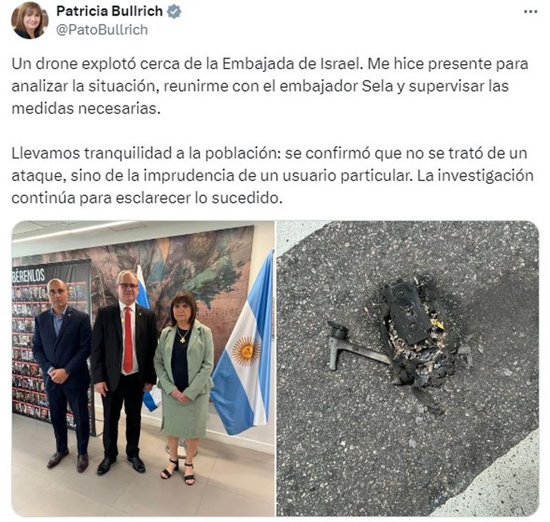 Bullrich escribió en X tras la explosión. Bullrich escribió en X tras la explosión.