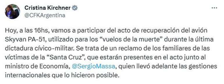 CFK habló en Twitter sobre el acto, que compartirá con Sergio Massa. CFK habló en Twitter sobre el acto, que compartirá con Sergio Massa.