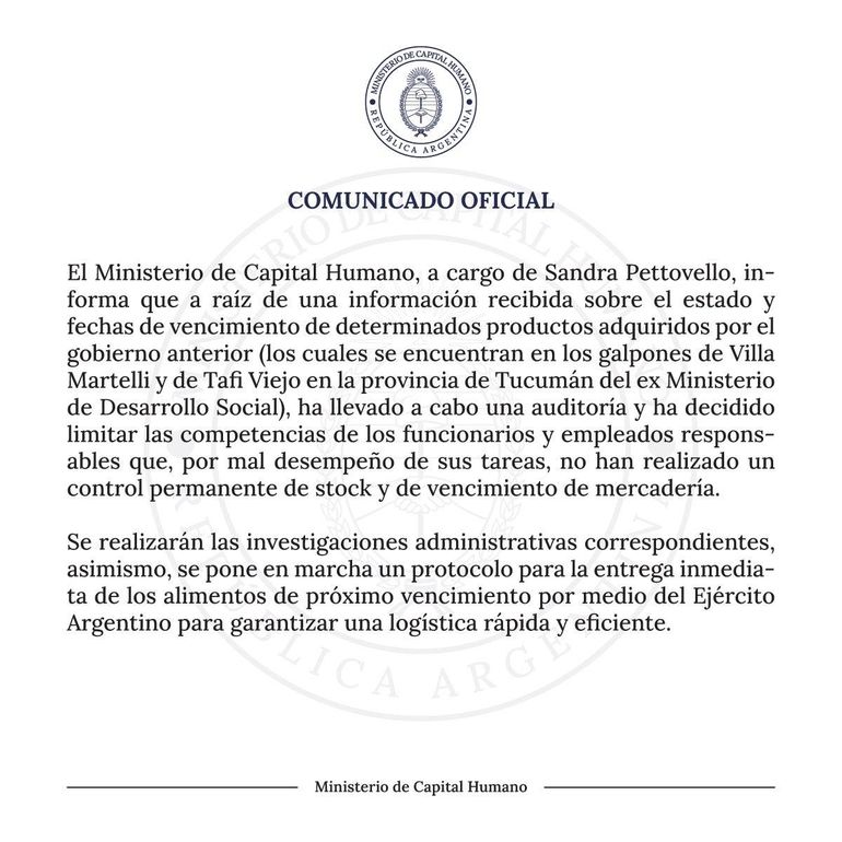 El comunicado publicado por el Ministerio de Capital Humano en su cuenta de X. El comunicado publicado por el Ministerio de Capital Humano en su cuenta de X.