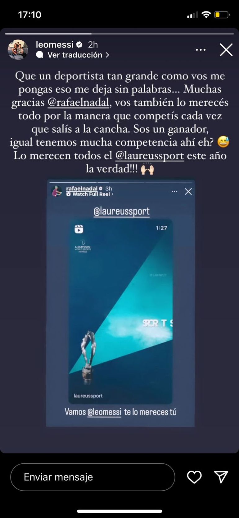 Leo Messi le agradeció a Rafa Nadal con un cálido mensaje en sus redes sociales. 