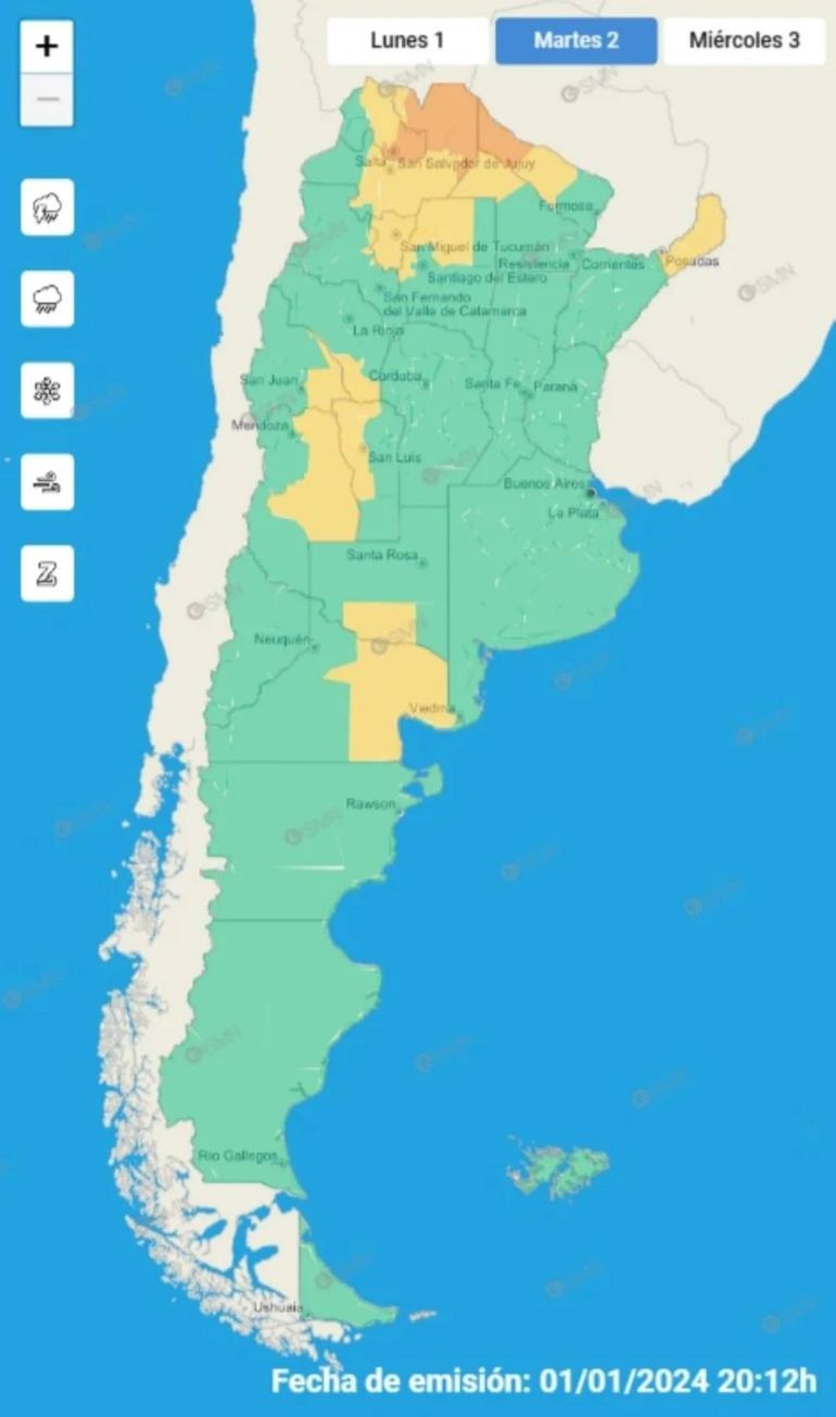El Servicio Meteorológico Nacional (SMN) informó que Formosa, Jujuy y Salta, se encuentran bajo alerta meteorológica naranja por tormentas fuertes. Santiago del Estero, Catamarca, Misiones, Chaco Tucumán, Mendo El Servicio Meteorológico Nacional (SMN) informó que Formosa, Jujuy y Salta, se encuentran bajo alerta meteorológica naranja por tormentas fuertes. Santiago del Estero, Catamarca, Misiones, Chaco Tucumán, Mendo