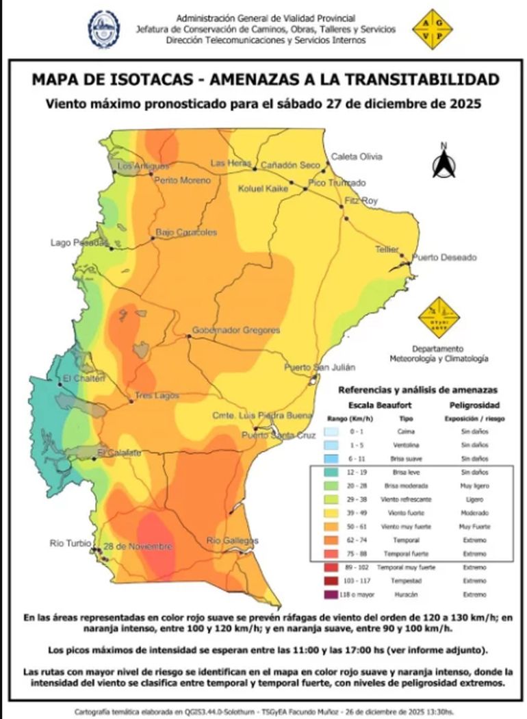 El alerta con un mapa de isotacas que difundió Vialidad de Santa Cruz. El alerta con un mapa de isotacas que difundió Vialidad de Santa Cruz.