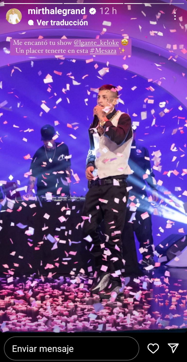 Mirtha le dedicó una historia de Instagram al cantante elogiando su show.