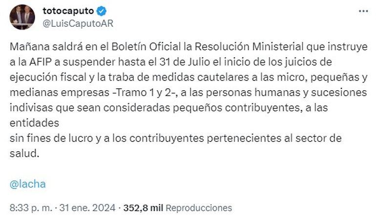 El tweet de Caputo sobre la decisión de AFIP. El tweet de Caputo sobre la decisión de AFIP.