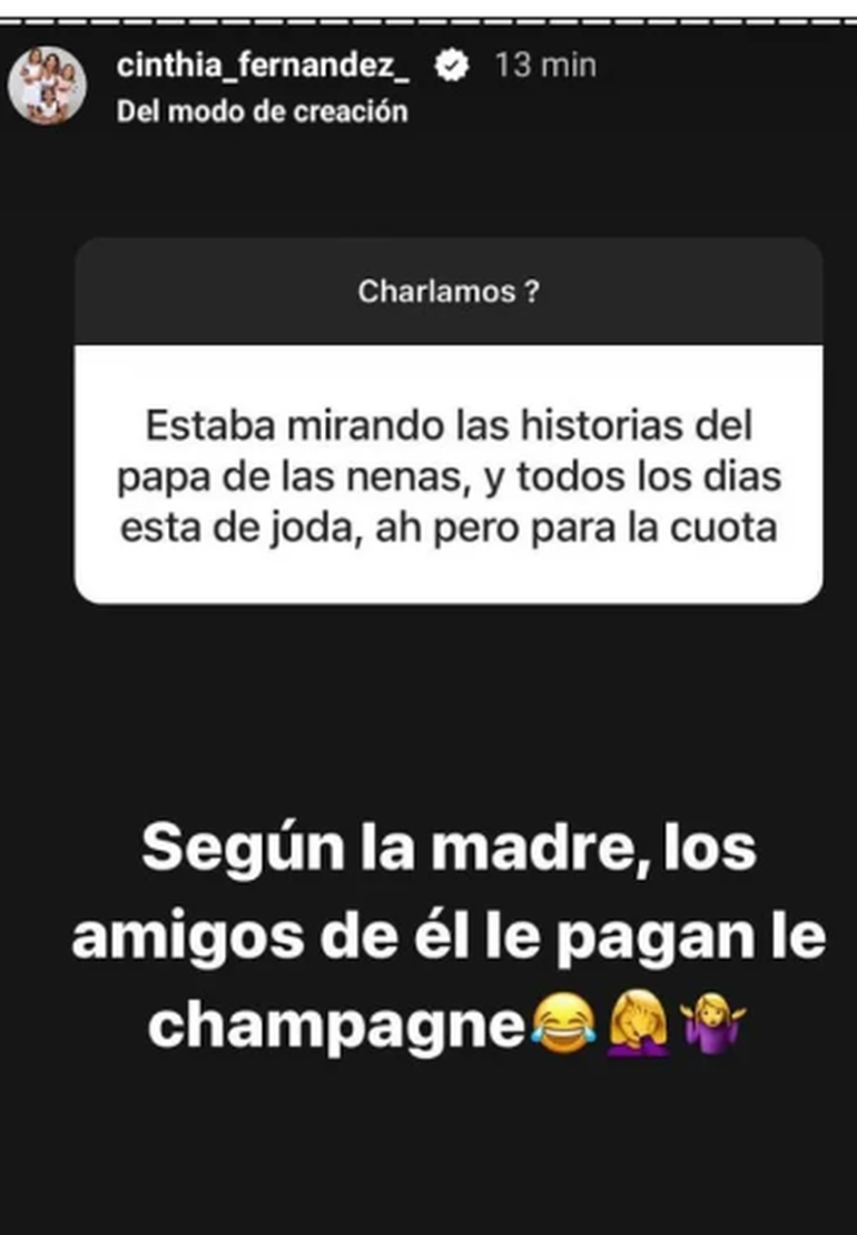 La ácida respuesta de Cinthia Fernández a una seguidora que le marcó las contradicciones de su ex marido.