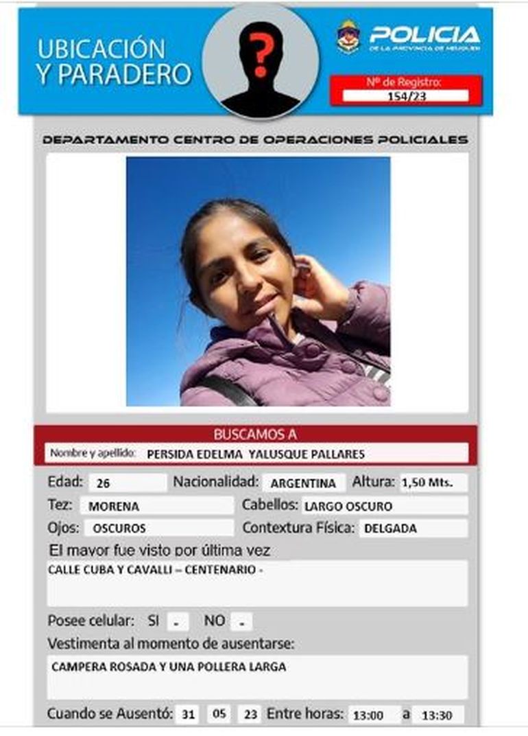 Buscan a una joven desaparecida en Centenario. Buscan a una joven desaparecida en Centenario.
