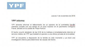 ¿que dijo ypf sobre la muerte del operario en plaza huincul? ¿que dijo ypf sobre la muerte del operario en plaza huincul?