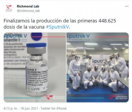 Sputnik V: Laboratorio Richmond terminó la producción del primer lote de vacunas