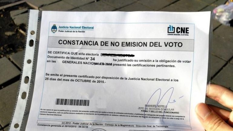 Un ejemplo de constancia de no emisión de voto, en las elecciones 2015. Un ejemplo de constancia de no emisión de voto, en las elecciones 2015.