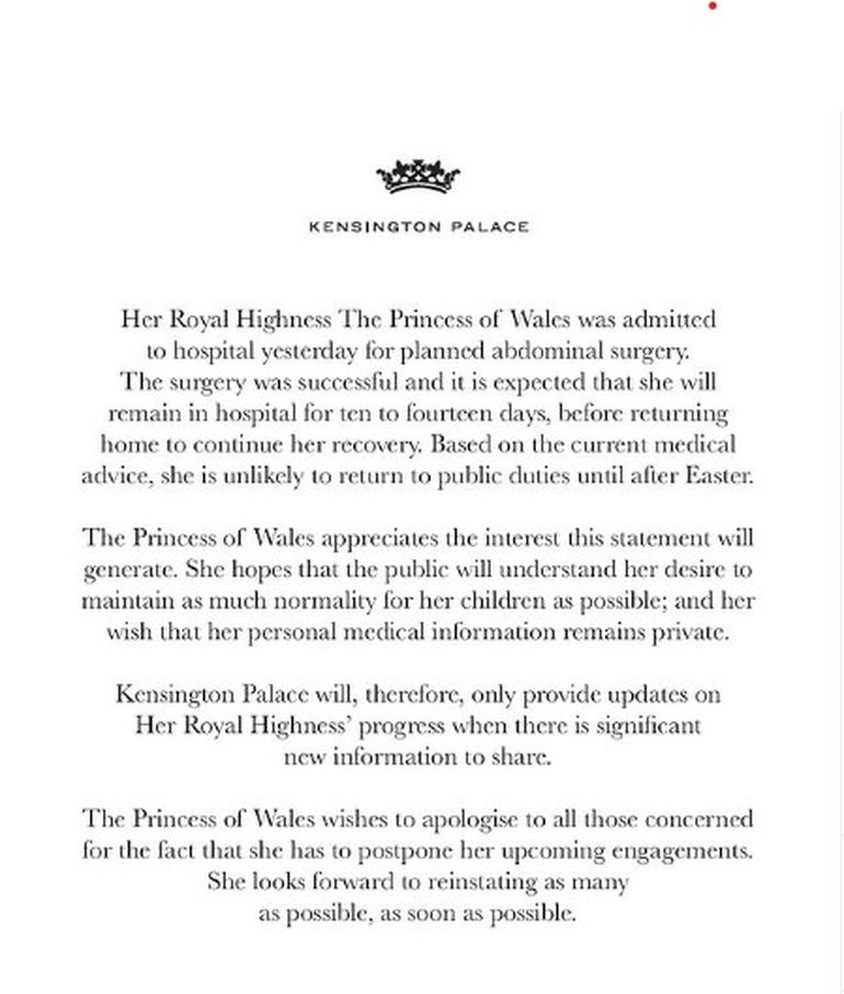 Comunicado oficial sobre la salud de la princesa Kate Middleton Comunicado oficial sobre la salud de la princesa Kate Middleton