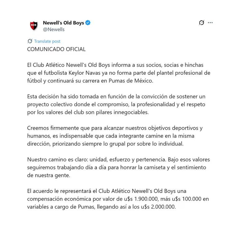 El comunicado de Newell’s sobre Keylor Navas El comunicado de Newell’s sobre Keylor Navas